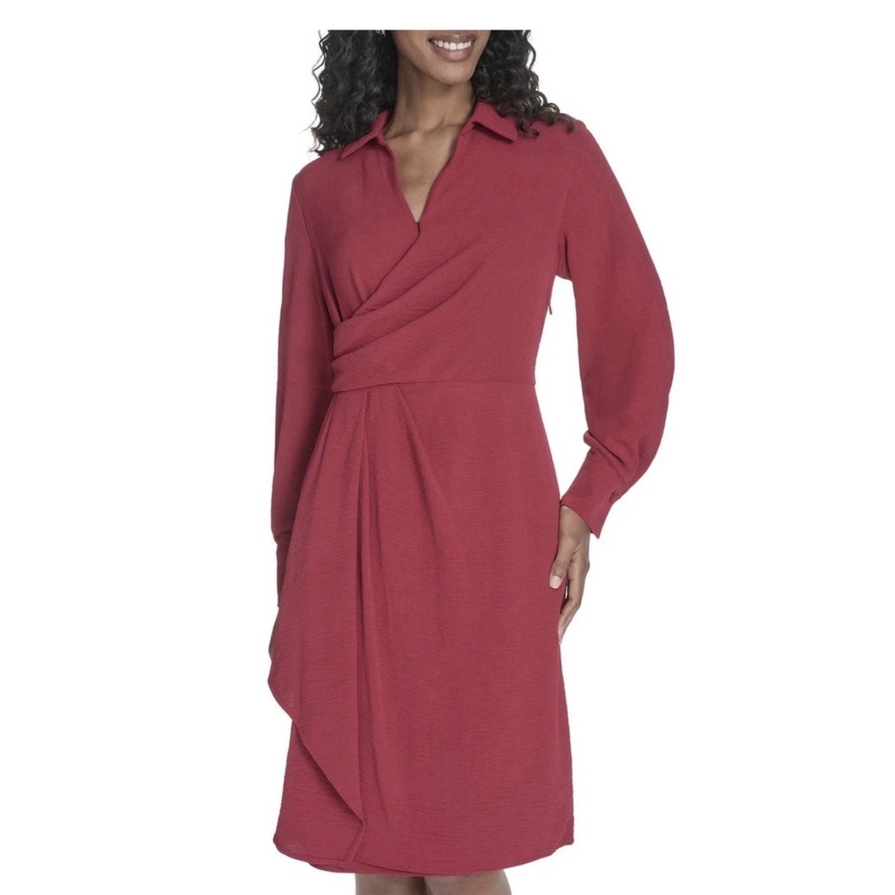 Calvin Klein Womens Red Long Sleeve Draped Wrap Sheath Dress CD4E1DW6 Size 8